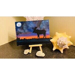 Elk Painting Starry Night Galaxy Art 5x7" Original Fine Art Hardboard Oil